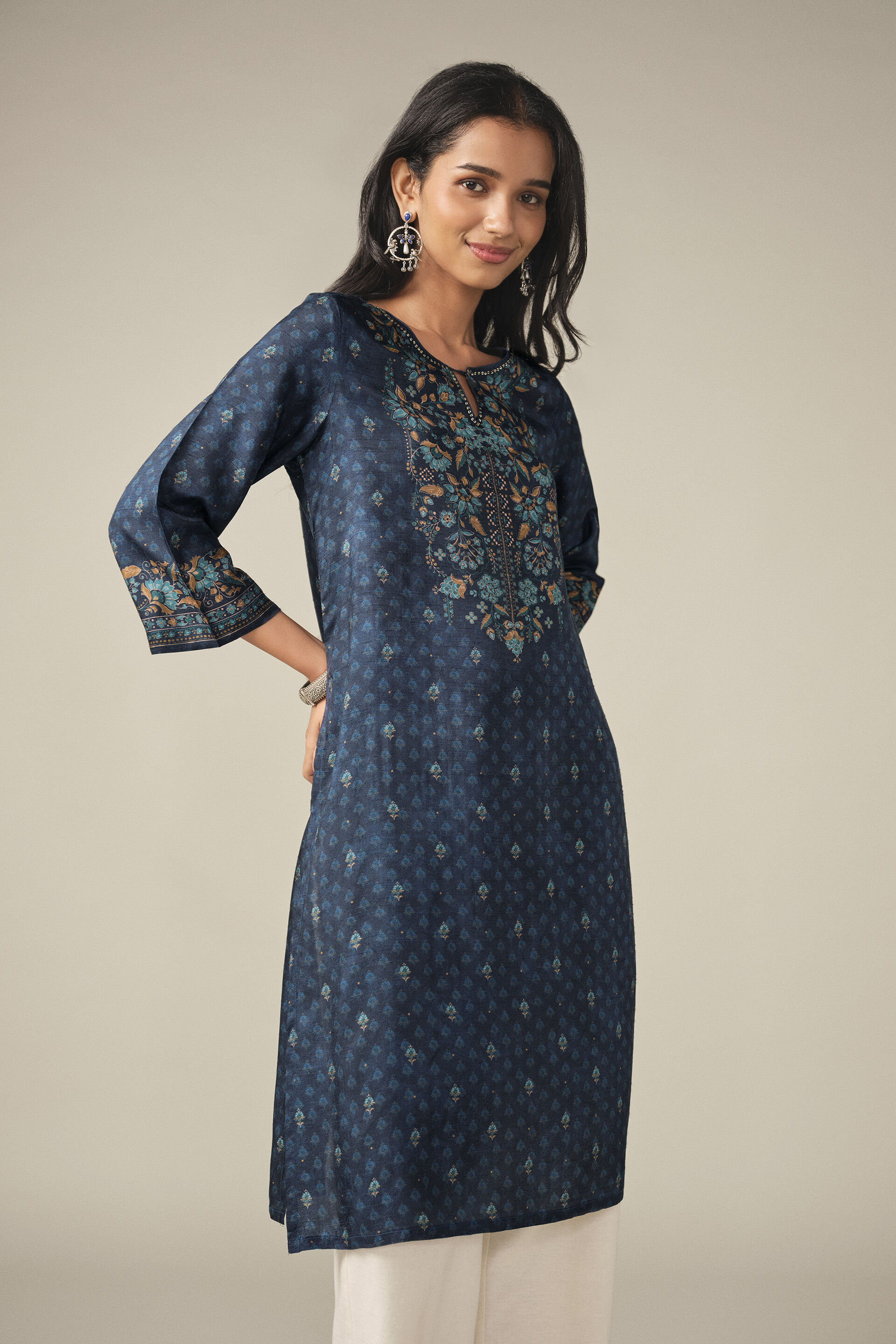 Printed Kurta in Indigo, Indigo, image 3